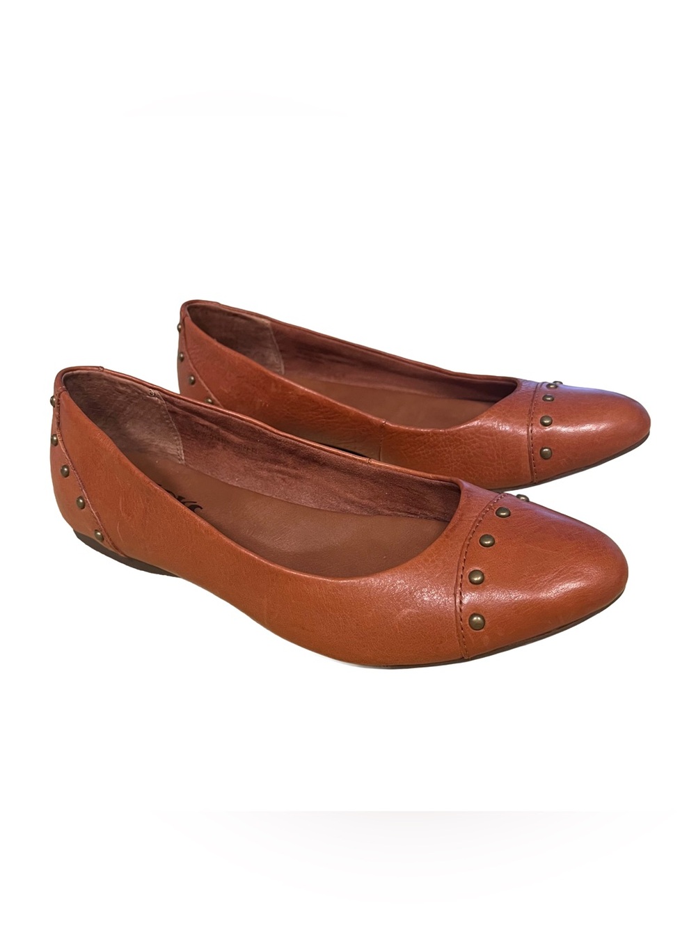 Kork-Ease Anabel Cognac Brown Leather Flats Womens Sz 6 Brass Studded Ballet EUC